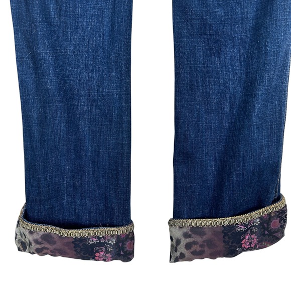 Boho Chic Embellished Denim Jeans Blue Floral Rhinestone Tassel Cuff Women's - Picture 8 of 16